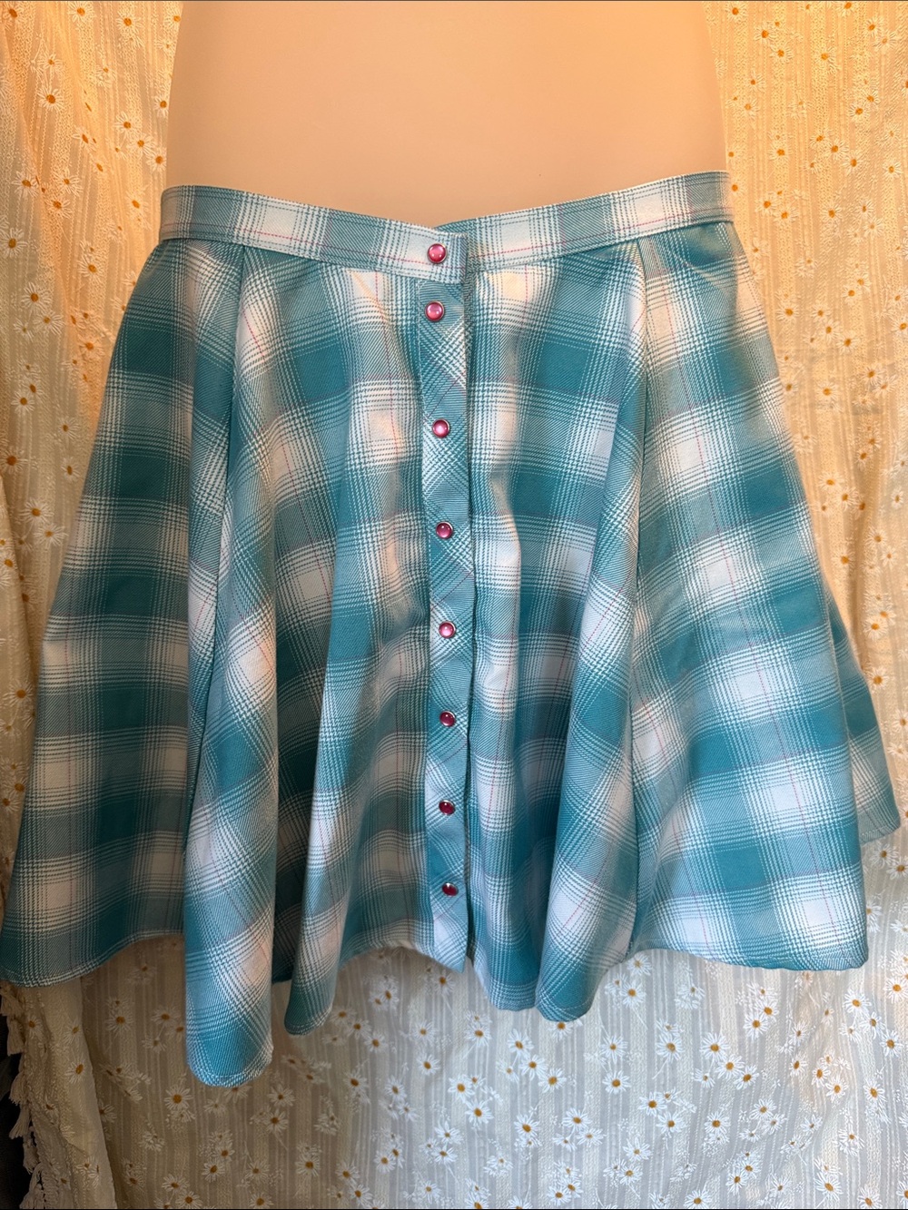Turquoise Plaid Button-Front Circle Skirt